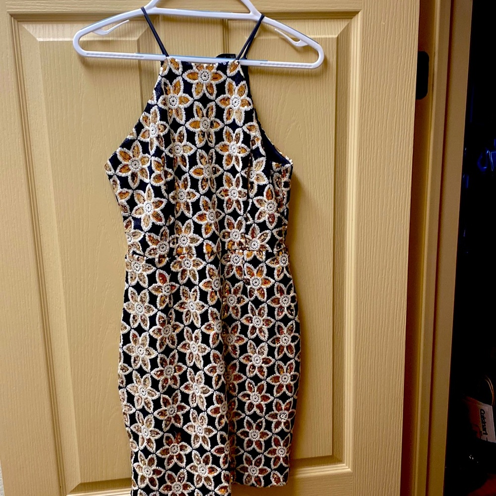 Beautiful tan, black and silver sequined cocktail semiformal dress.